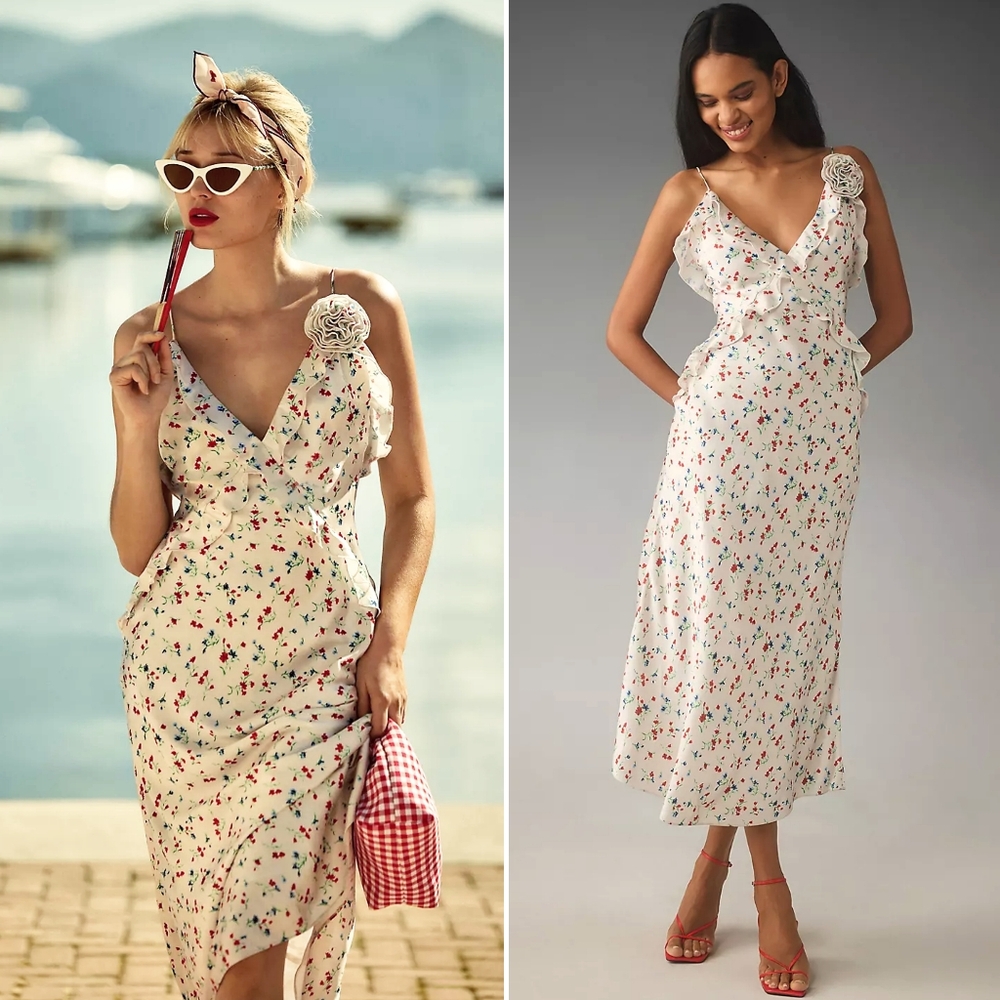 NWT, Anthropologie, Bardot Olea Sleeveless Ruffle Midi Dress in Floral Print